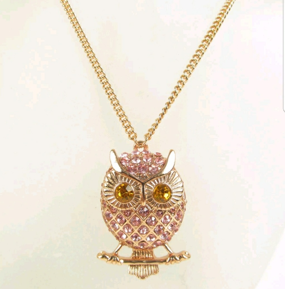 Betsey Johnson Pave` Owl Necklace Pink Gold Tone - Picture 6 of 8